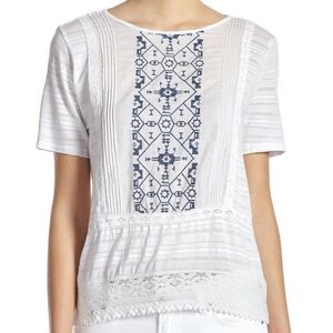 Lucky Brand Tunic White w/Blue Embroidery Lightweight Women BOHO Size Large
